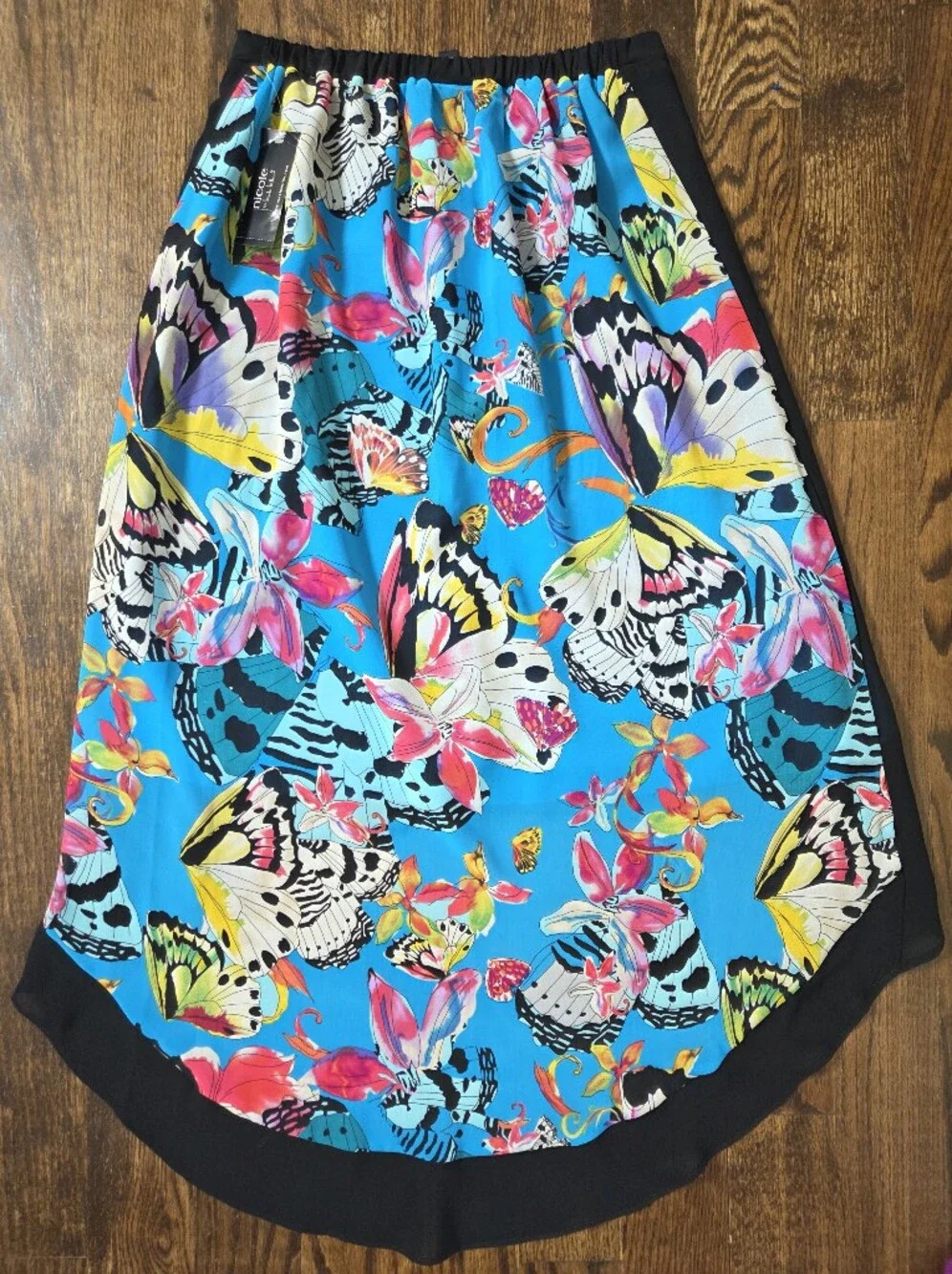 Nicole Miller Blue Butterfly Print High-Low Skirt with Black Trim